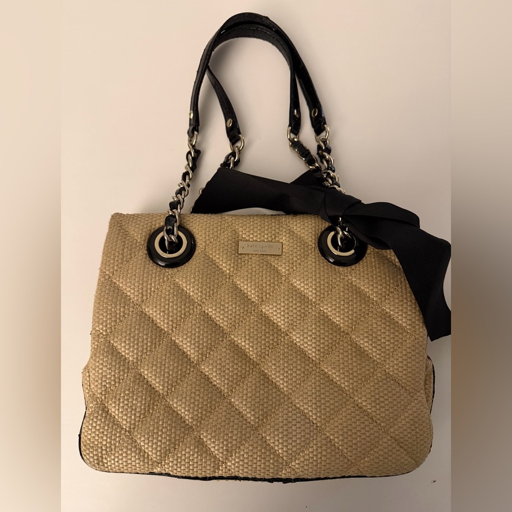 kate spade Beige Quilted Straw Tote with Black Trim and Chain Handles and Ribbon